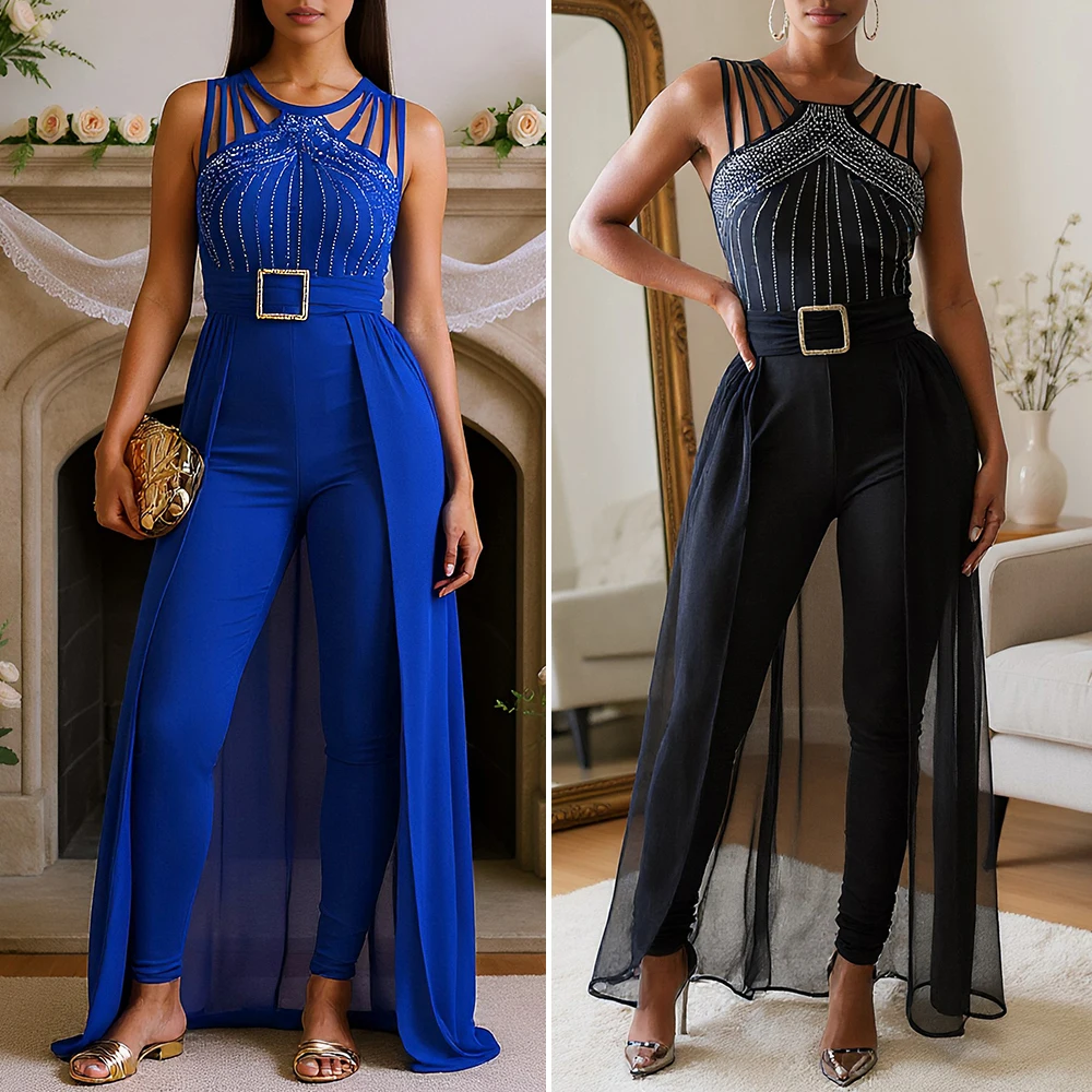 Женские комбинезоны с широкими штанинами, осень 2022, однотонные комбинезоны без рукавов с круглым вырезом до щиколотки и блестками