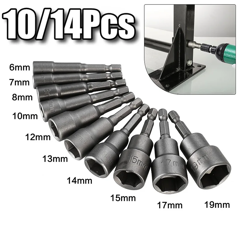 10-14PCS Impact Socket Magnetic Nut Hex Socket Nozzle Screwdriver 1/4 Hex Wrench Set Drill Bit Adapter for Electric Drill Tools