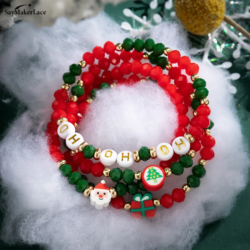 Multi-piece Christmas Series Snowflake Tree Pendant Beaded Bracelets Set Women Adjustable Bangles Xmas New Year Gift