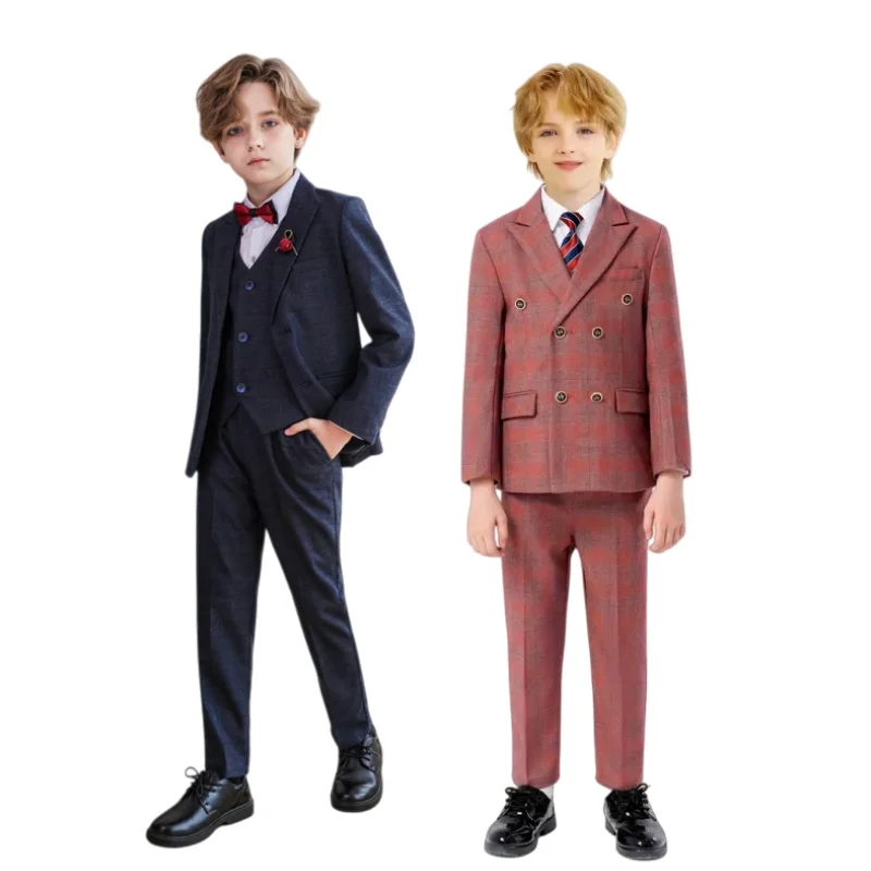

Детский красный клетчатый костюм-пиджак с жилетом, брюками, галстуком-бабочкой и брошью, 5 предметов, для мальчиков: для выступлений, на свадьбу, на день рождения, для торжественных мероприятий