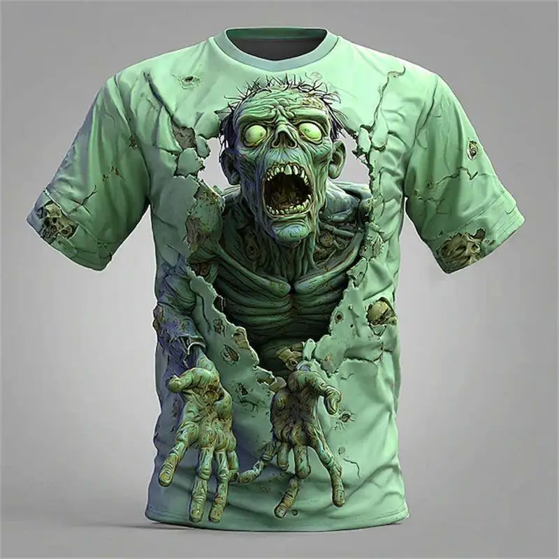 3D-T-Shirt mit Zombie-Print und gruseligem Loch-Effekt, kurzärmeliges, lustiges Halloween-Oberteil – Detail 5