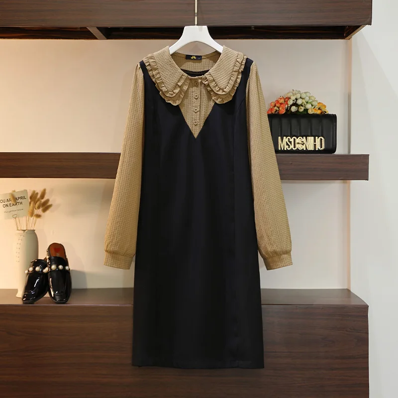 Plus-size women's Spring Casual doll collar long-sleeved dress Black khaki patchwork elegant party dress Loose commuter dress