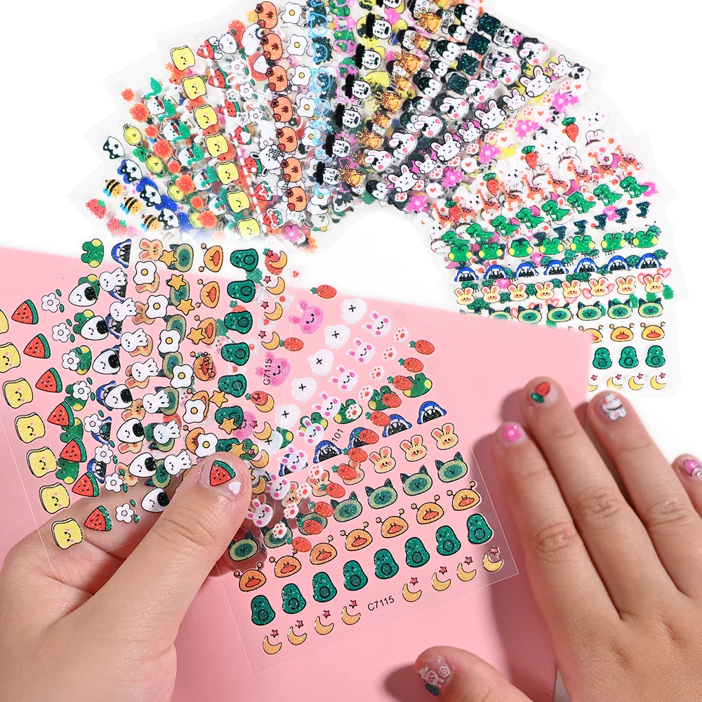 15pcs Kids Cartoon Nail Stickers Shiny Cute Flowers Animals Colorful Nail Accessory Ornaments DIY Decal Children Toy Girl Gifts