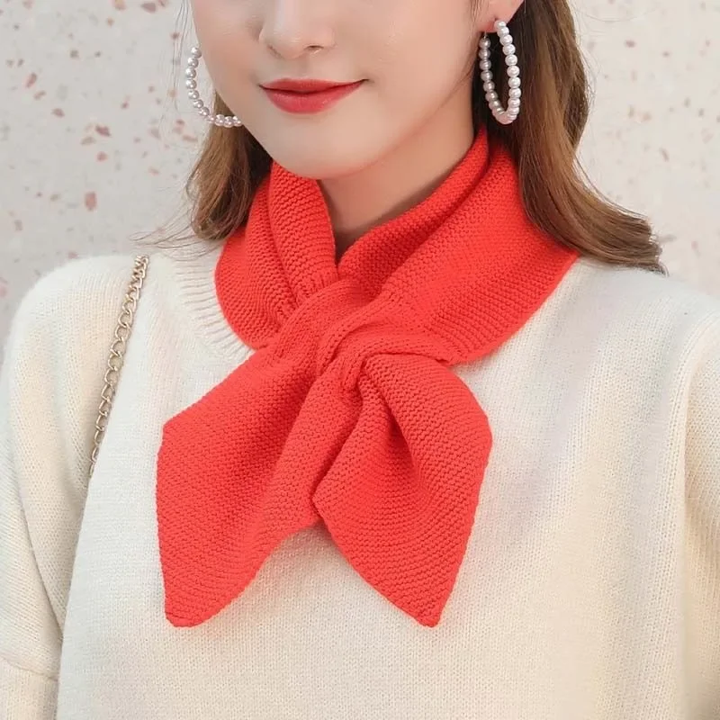 Winter Thicken Warm Solid Color Crochet Loophole Neckerchief Sweet Bowknot Neck Warmer Women Knitted Cross Collar Scarf