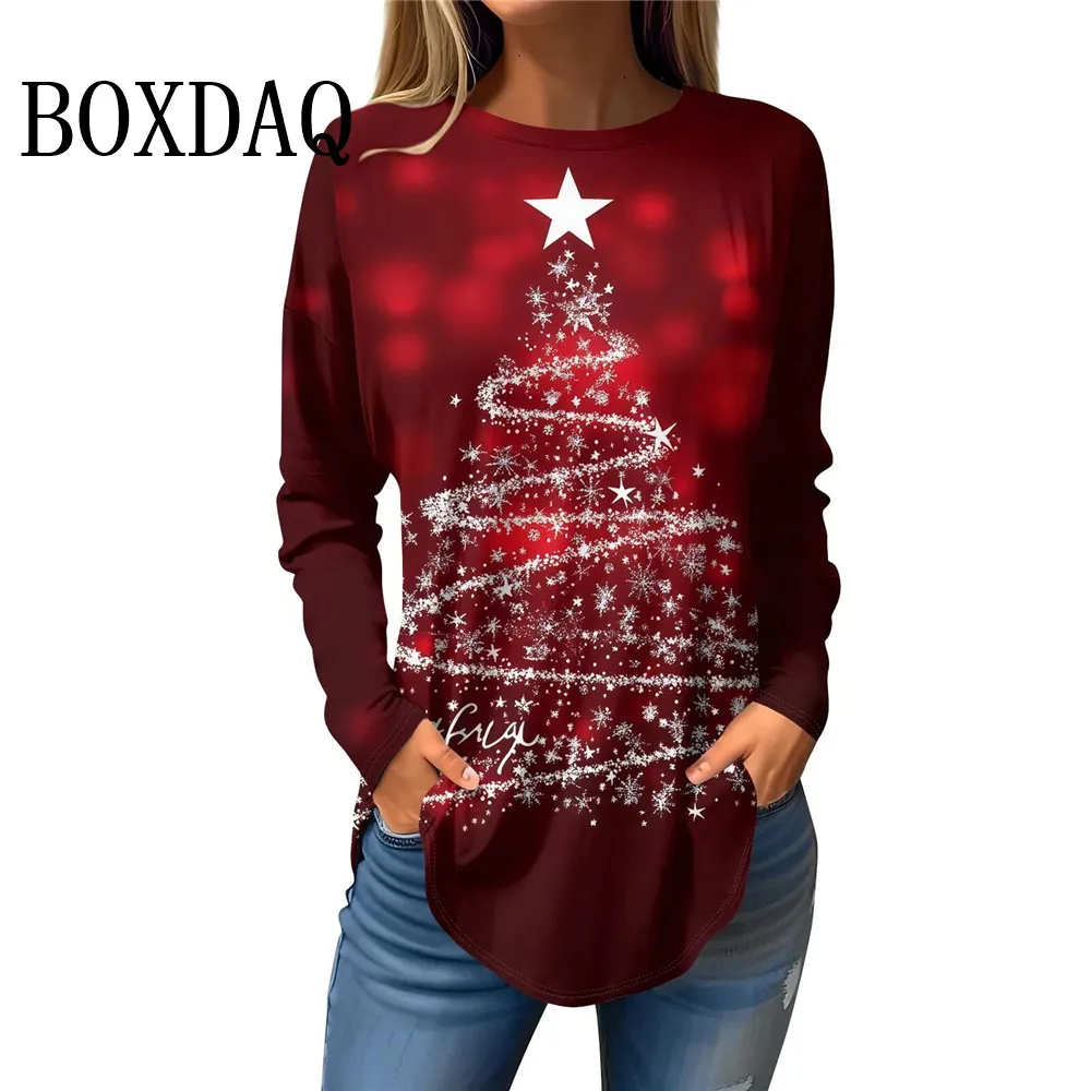 Christmas Tree Pattern Women Fashion T-Shirts Autumn Winter Long Sleeve 3D Print Street Ladies Shirt Casual Streetwear Loose Top