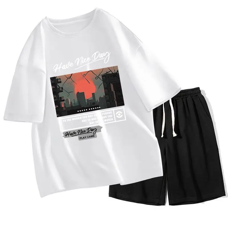 

Summer New Teen Sunset Short-sleeved Shorts Two-piece Set Japanese Versatile Fashion Loose and Handsome Outer Suit