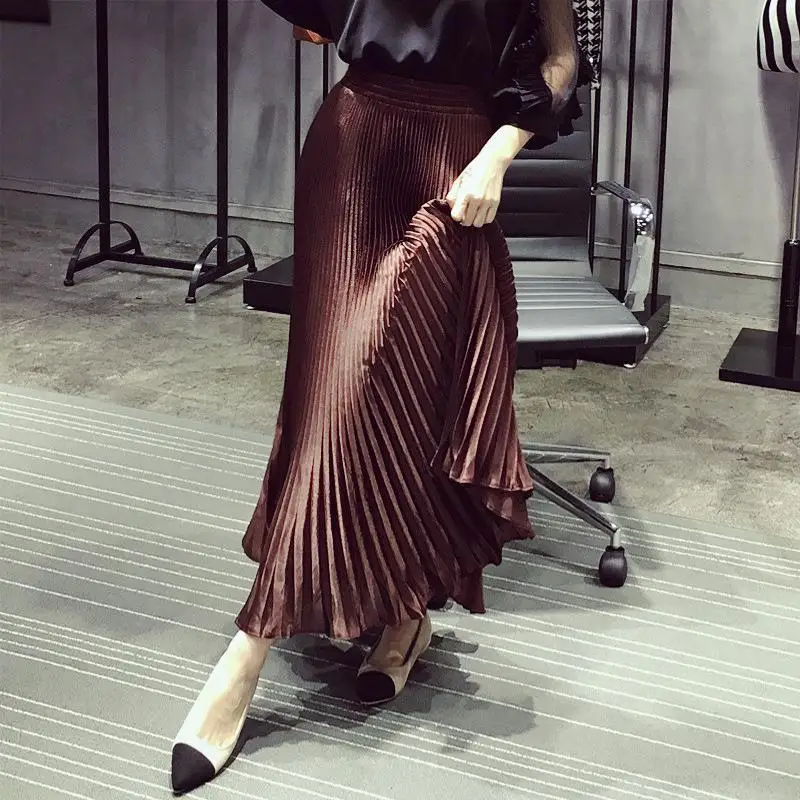 

2025 Elegant Accordion Pleated Skirt for Women High End Satin Maxi Skirt with Wave Hem Extra Wide Hemline Flowing Drape Skirt