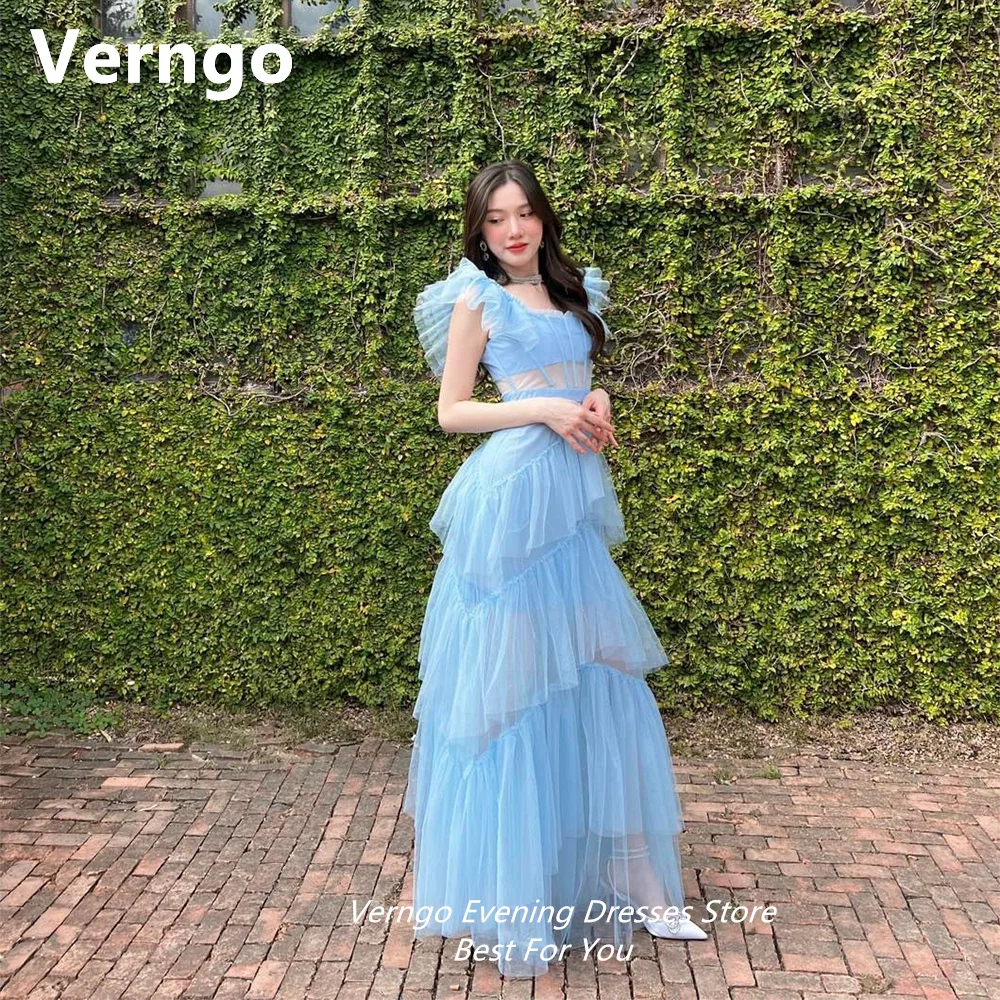 

Verngo Blue Tulle Party Dress Sweetheart Short Sleeves Evening Dress For Women Tiered A Line Formal Prom Gowns Outfit