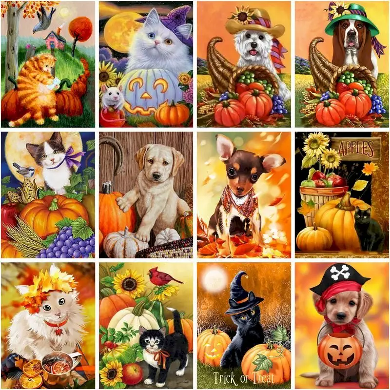 

CHENISTORY Full Square Diamond Painting Pumpkin Cat and Dog 5D DIY Diamond Embroidery Art Kits Handmade Halloween Gift