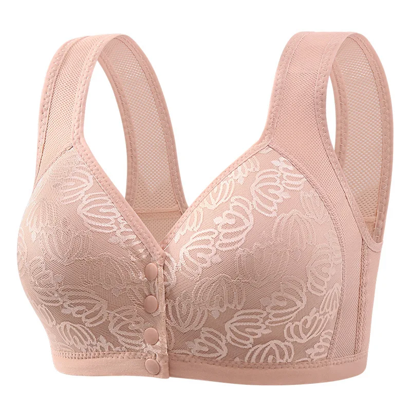 Pakaian dalam wanita ukuran besar 36-46 B/C bra paruh baya untuk wanita, Bralette gesper depan nirkabel Atasan bunga tanpa kabel