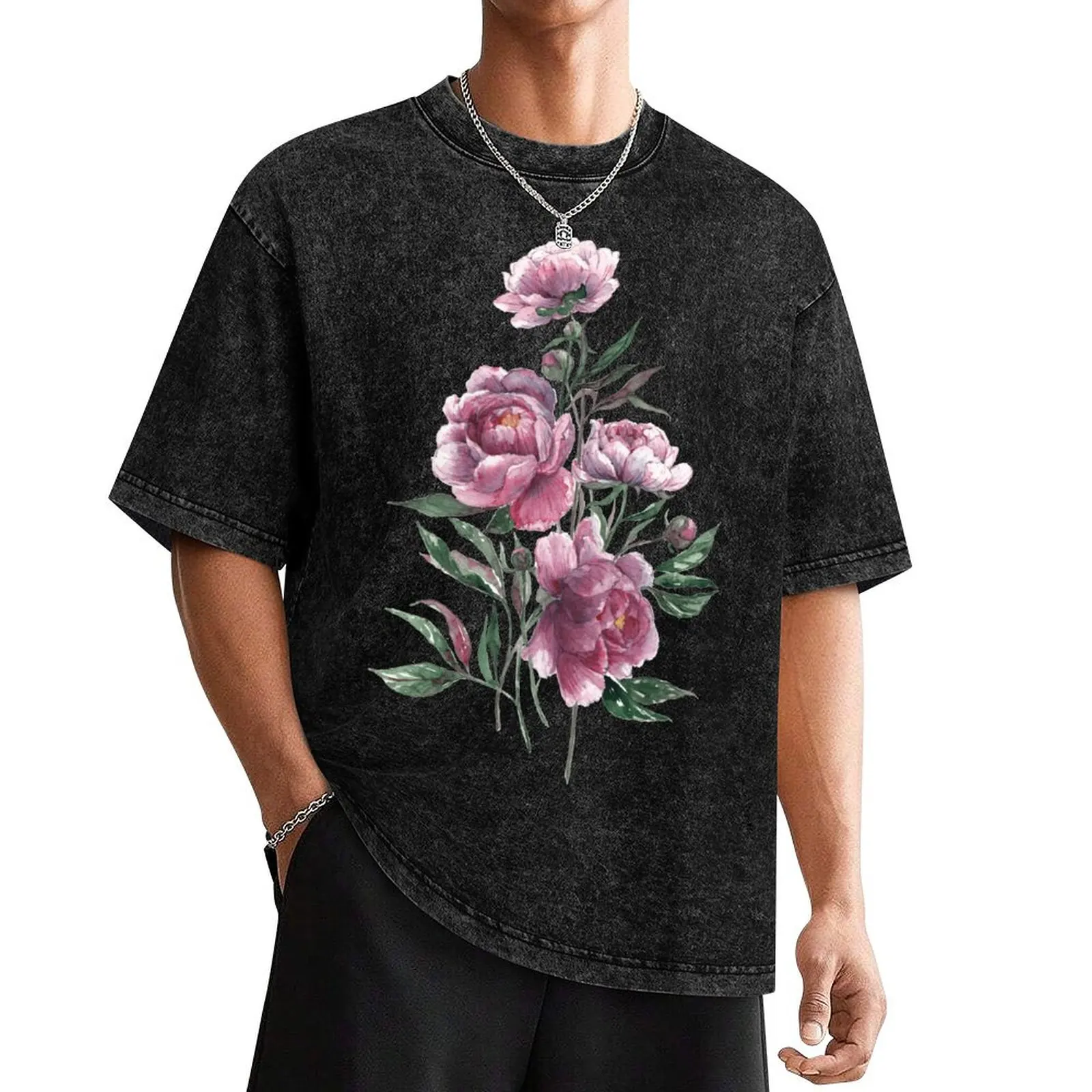 peony watercolor flowers T-Shirt rapper graphic tees street wear mens graphic t-shirts