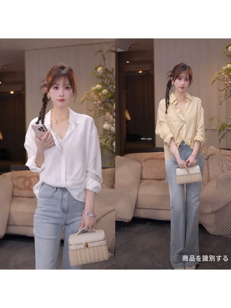 

Slimming Effect White Shirt Lace Patchwork Loose Fit Summer Long Sleeve V-Neck Thin Women's Fashion Elegant Style Linen Blend
