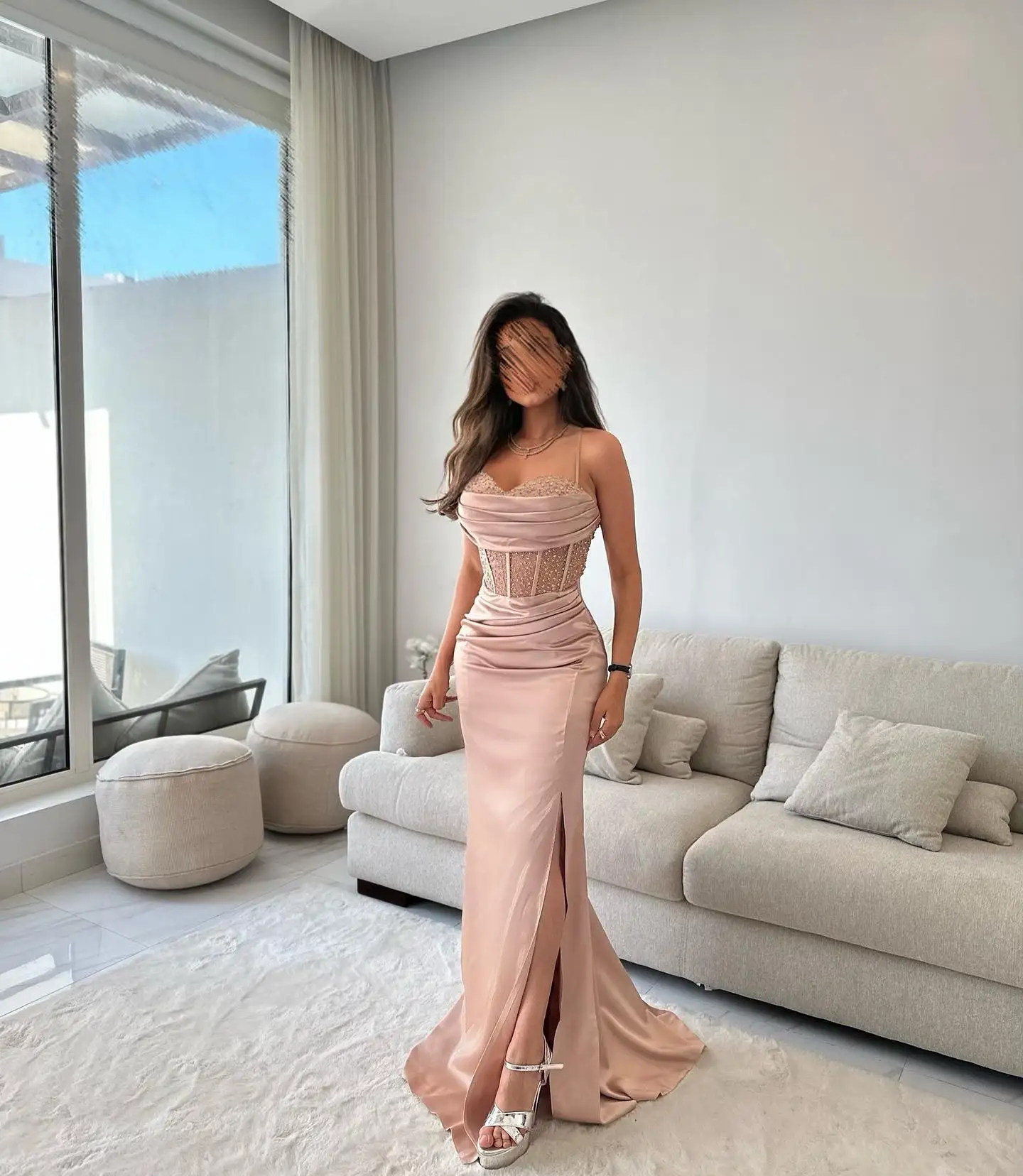 2025 Custom Made A-Line Satin Sleeveless Spaghetti Straps Celebrity Gowns Luxury Halter Sequined Side Slit Evening Dress