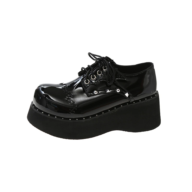 Y2K Rivet Punk Gothic Shoes Girls Lace-Up Chunky Platform Mary Janes shoes Women Japanese Style Wedges Pumps  PU Leather Shoes