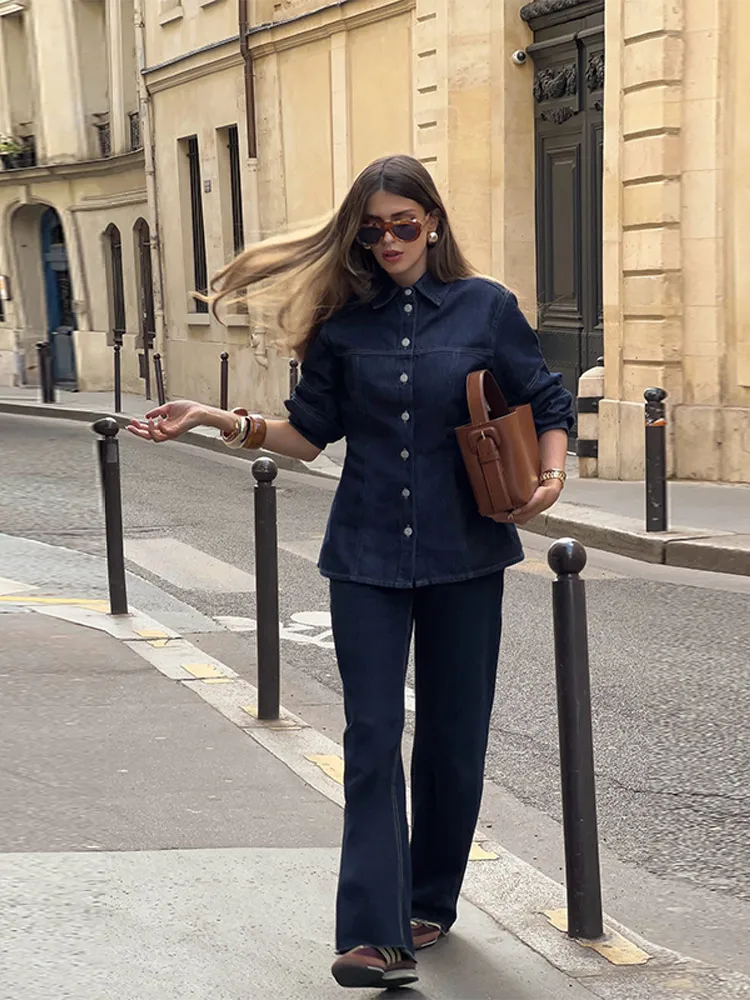 ผู้หญิงวินเทจ DENIM Halterneck เสื้อกั๊กกางเกงชุดแขนกุด DENIM ตรงลากกางเกงยีนส์ 2 ชิ้นชุด Baggy ชุด