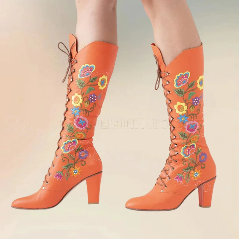 

Floral Print Orange Cross Tied Boots Lace Up Women Shoes Chunky High Heels Pointed Toe Party Banquet 2025 Zapatos Para Mujere