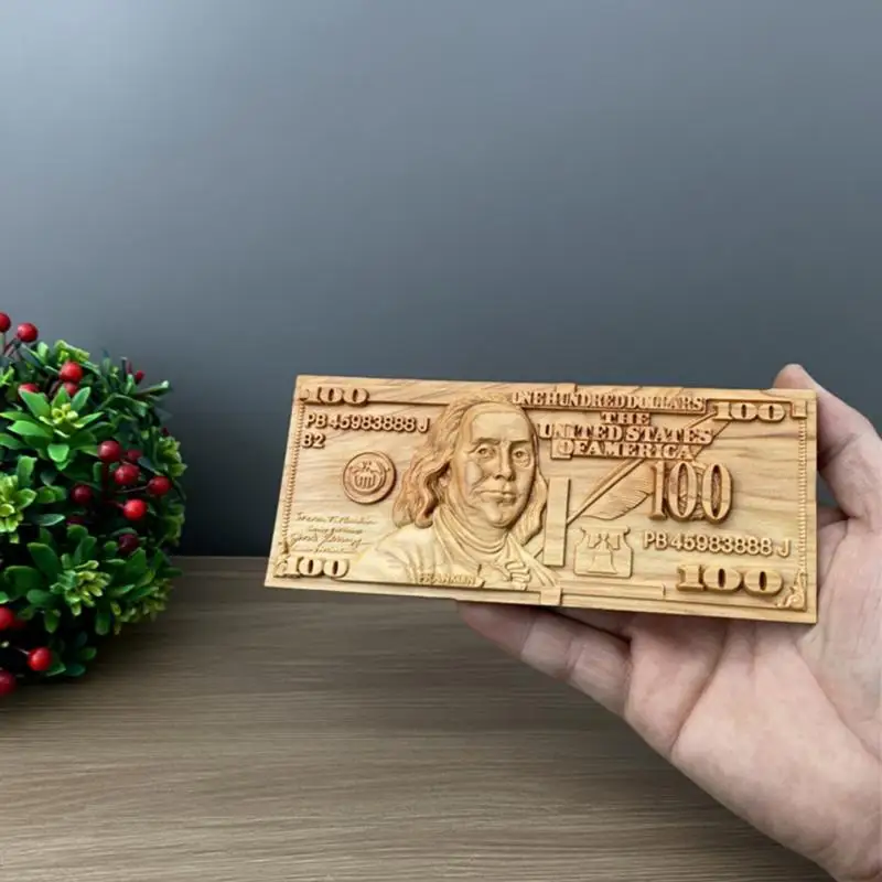 Thuja Wood Carved 100 Dollar Bill Money Plaque Handmade Realistic US Currency Replica Desktop Display Home Office Decor Gift