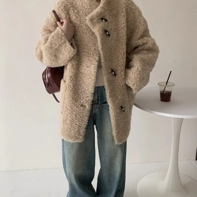 Stand Collar Loose Mid-length Style Lambs Wool Coat Women 2026 New Fashion Casual Single Breasted Pockets Jackets New Rabbit Fur
