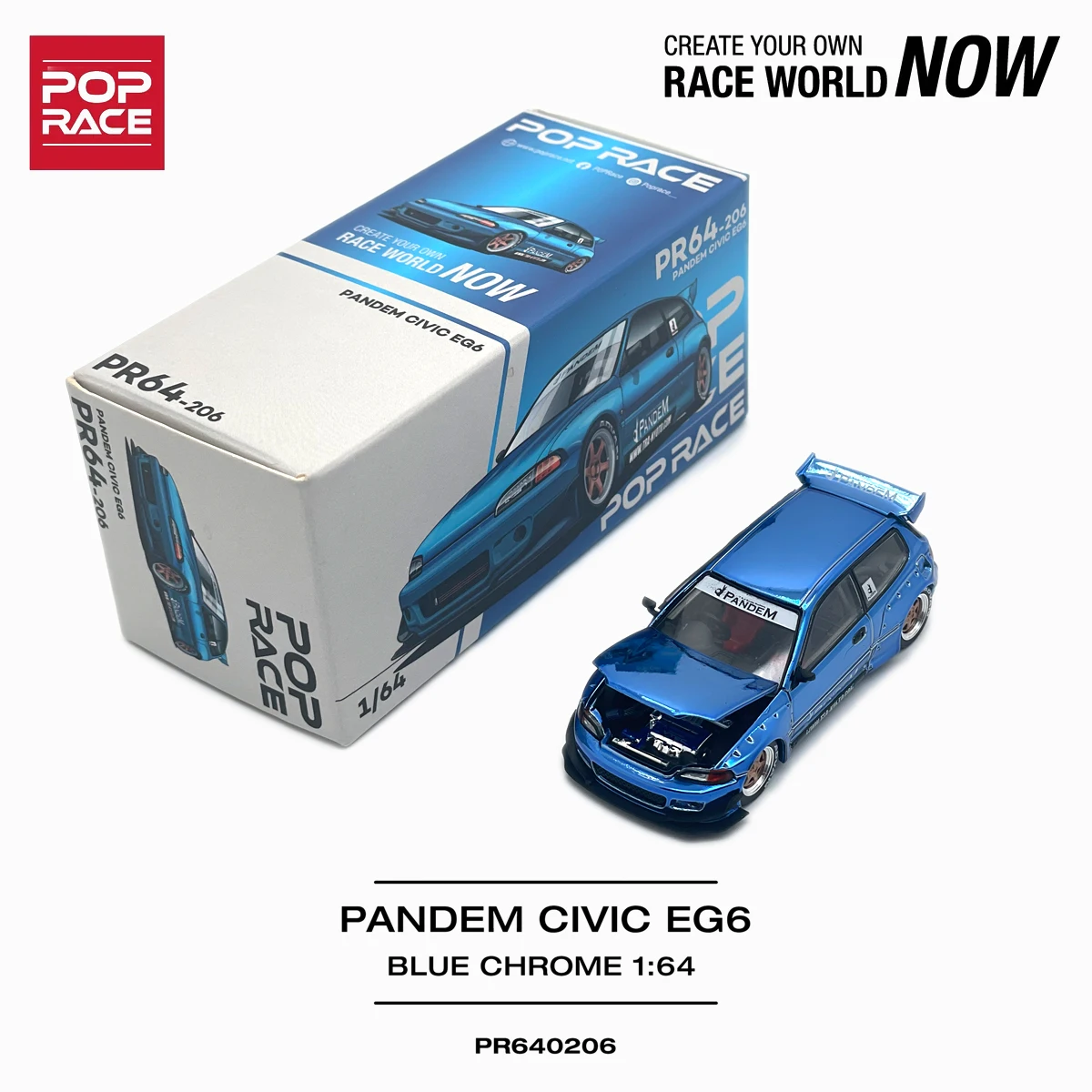 Pop Race PR640206 1:64 Honda Civic EG6 Pandem Widebody Kit Blue Chrome Diecast Model Car In Stock