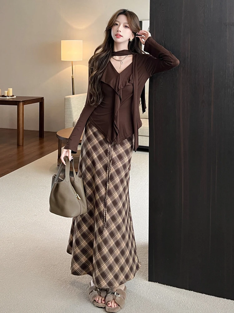 우아한 캐주얼 투피스 여성복 달콤한 니트 탑 티셔츠 롱 스커트 세트 여성 데일리룩 스트릿 데이트 의류 봄