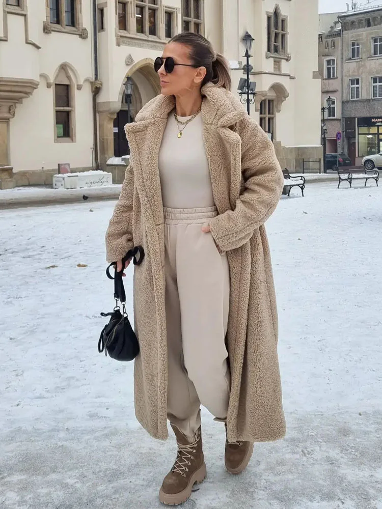 HH Vintage Teddy Long Coat Women Autumn Winter Lapel Chic Long Sleeve Double Breasted Big Jacket Woman Street Blend Overcoat