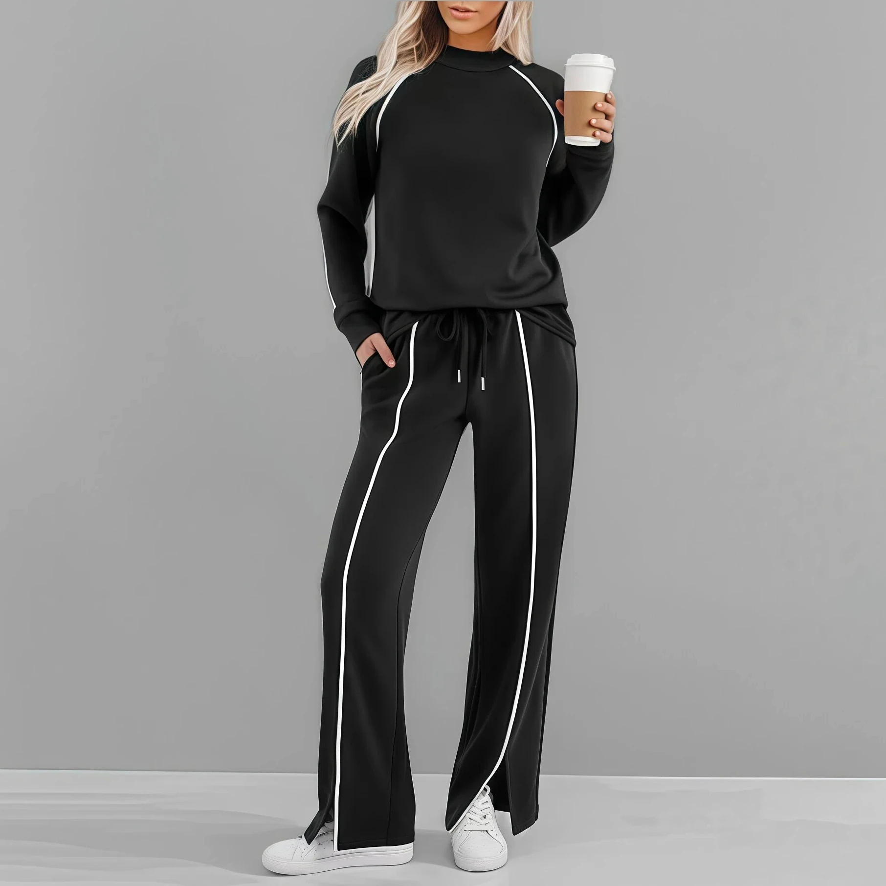 

Casual Women's Sweatshirt Set Solid Color Loose Classic Autumn Winter Long-sleeved Round Neck Top Stretch Pants Two-piece Sets