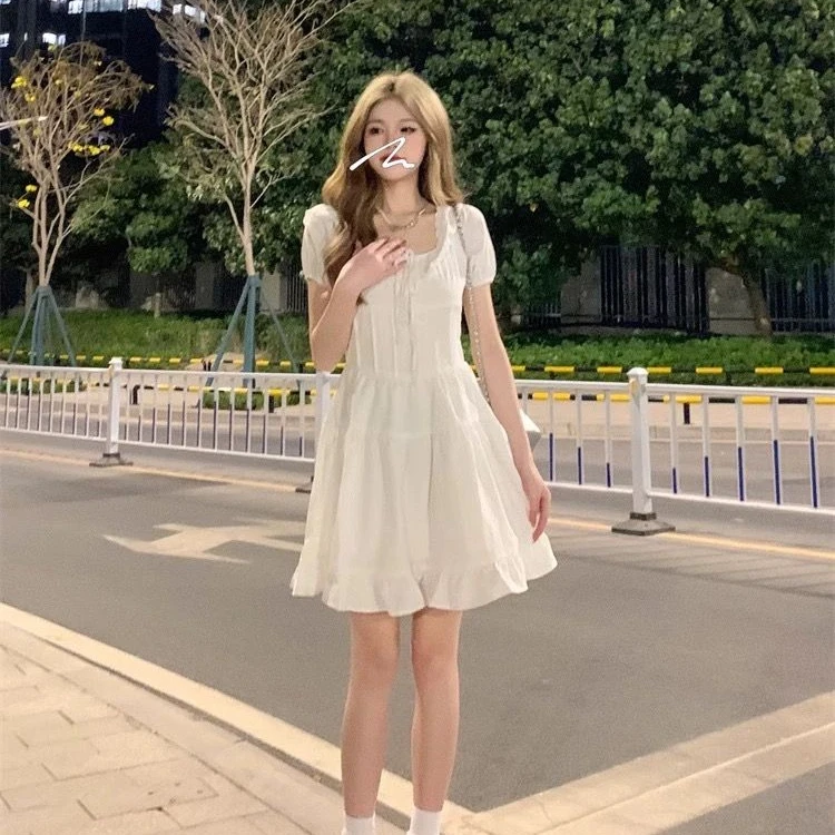 여름 신상 화이트 퍼피 돌 칼라 드레스 여성용 오트 스웨이드 허리 조임 소형 사이즈 요정 스커트 엘레 슬레 티잉