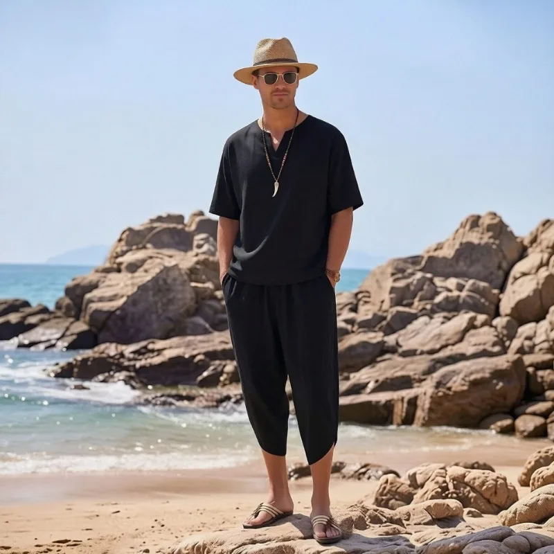 

Men Linen Blend 2-Piece Outfit Henley Neck Top Pants Casual Summer Beach Set