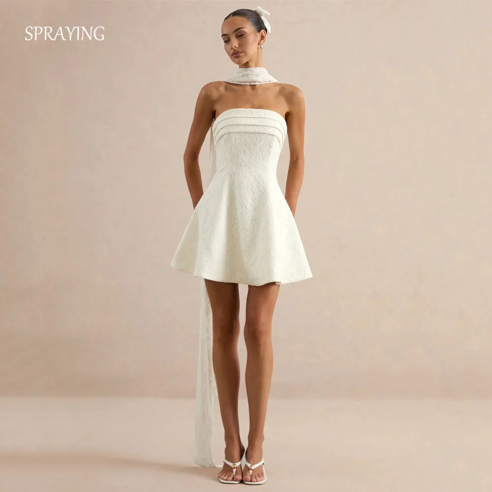 SPRAYING Luxury Strapless Lace Mini Wedding Dresses With Scarf Zip Back Bridal Gown Short Wedding Reception Dress Customized