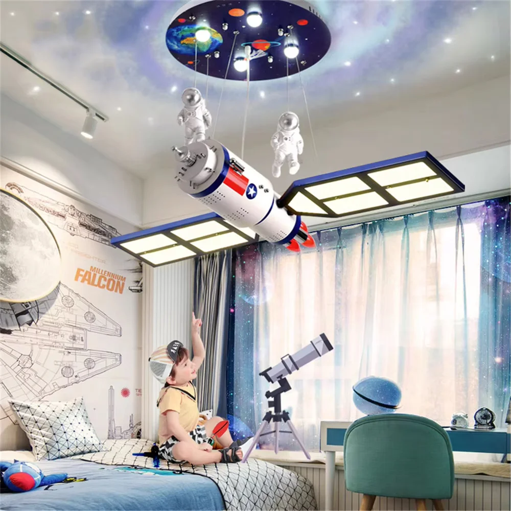 Creative Kids Space Satellite Astronaut Led Chandeliers Nursery Restaurant Bedroom Decoration Boys Art Hanging Lighting Fixtures