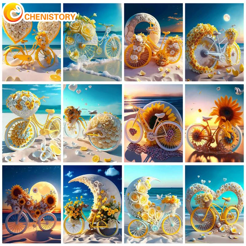

CHENISTORY DIY Painting By Numbers Romantic Bike Art Supplies Beach Scenery Pictures By Number Kit Oil Painting Unique Gift