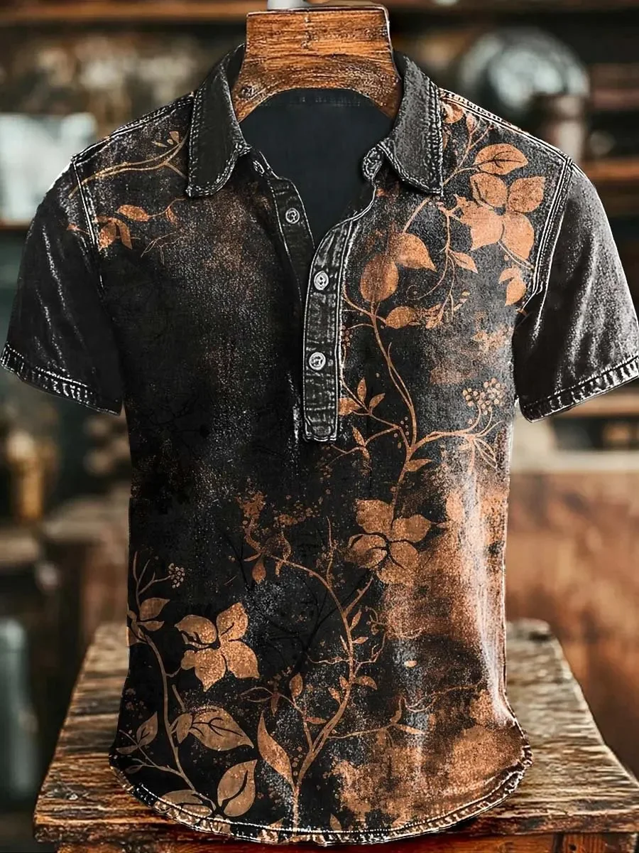 New silver chain printed men's POLO short sleeved shirt with black base and distressed collar casual shirt