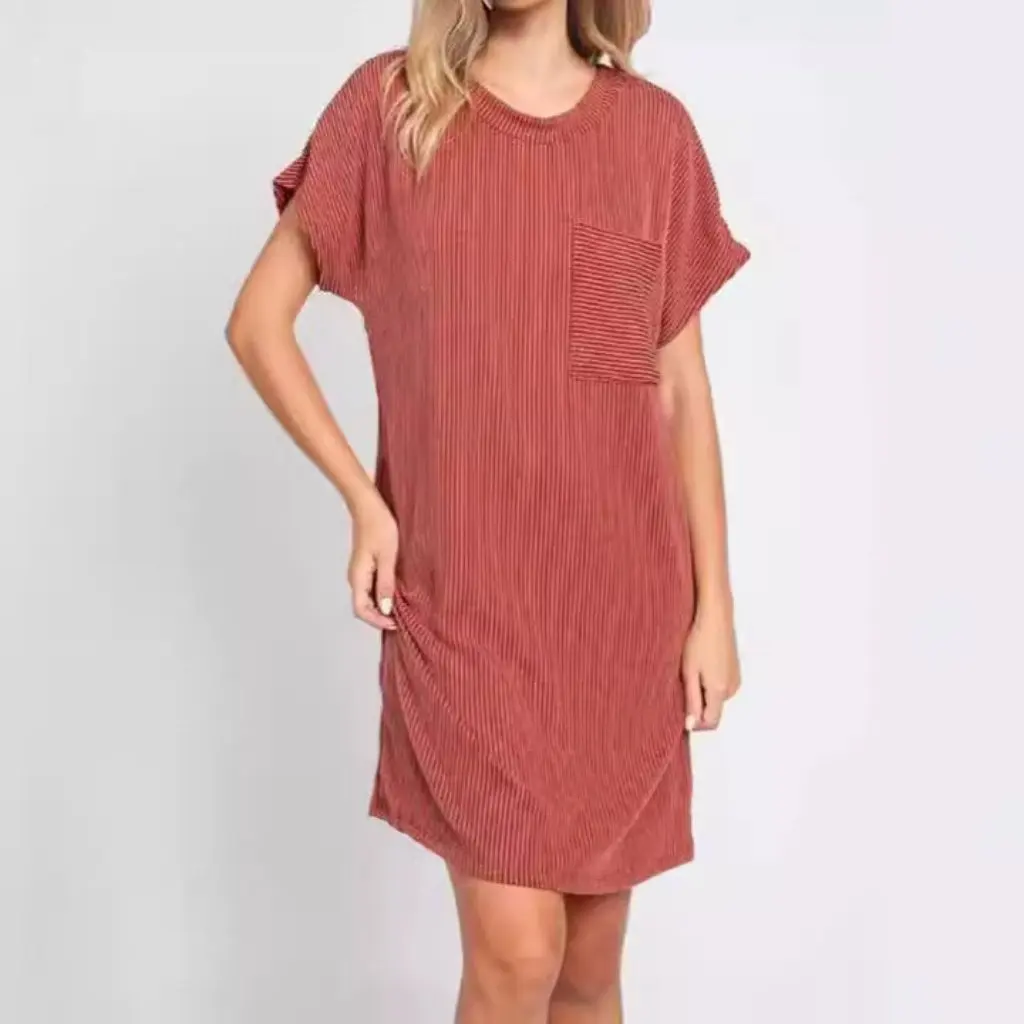 

Summer New Casual Rib T-Shirt Knitted round Neck Pullover Independent Station