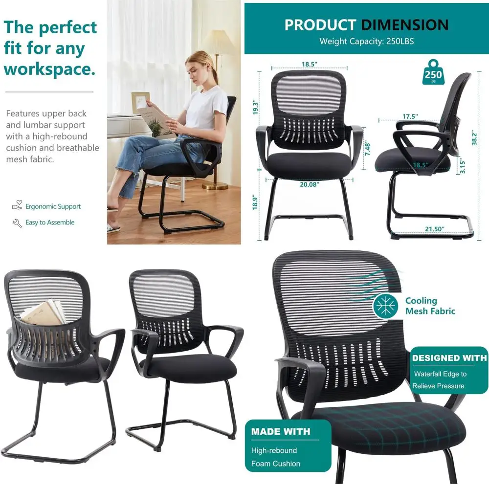 كرسي مكتب مع قاعدة زلاجات مكونة من 2، كراسي كمبيوتر شبكية تنفيذية مريحة مع دعم قطني لانتظار غرفة النوم المنزلية #1