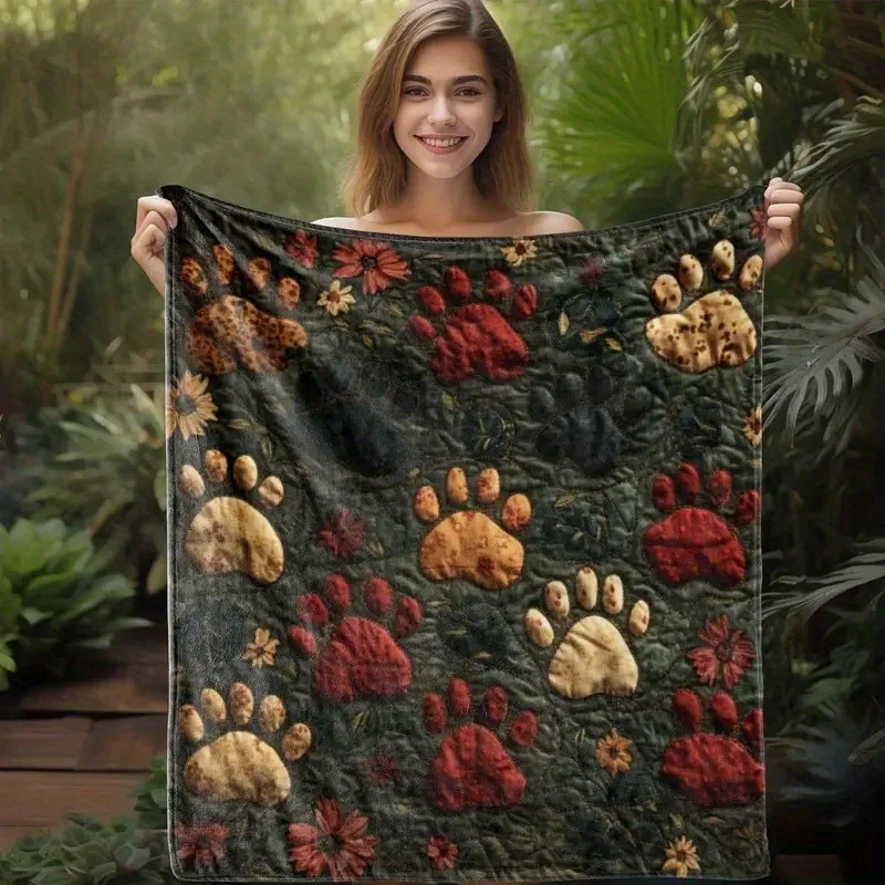 1 Stück gesteppte Flanelldecke mit Vintage-Pfotenmuster und Blumenmuster – weich und bequem, Überwurf für alle Jahreszeiten, für Sofa, Bett, Auto, Büro