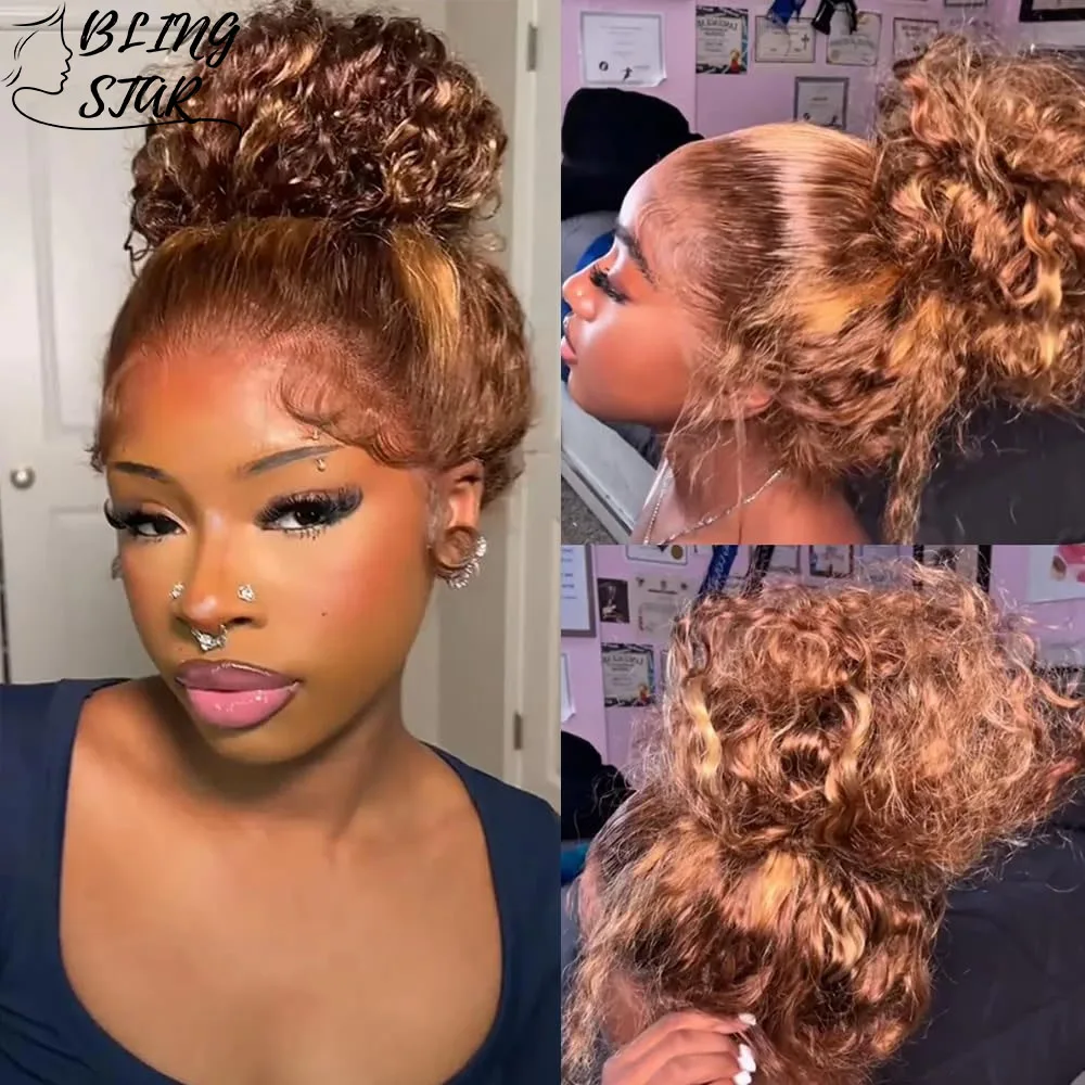 

P4/27 Highlight Ombre Deep Wave HD Lace Frontal Human Hair Wig With Drawstring Curly 360 Lace Front Wigs Human Hair Pre Plucked