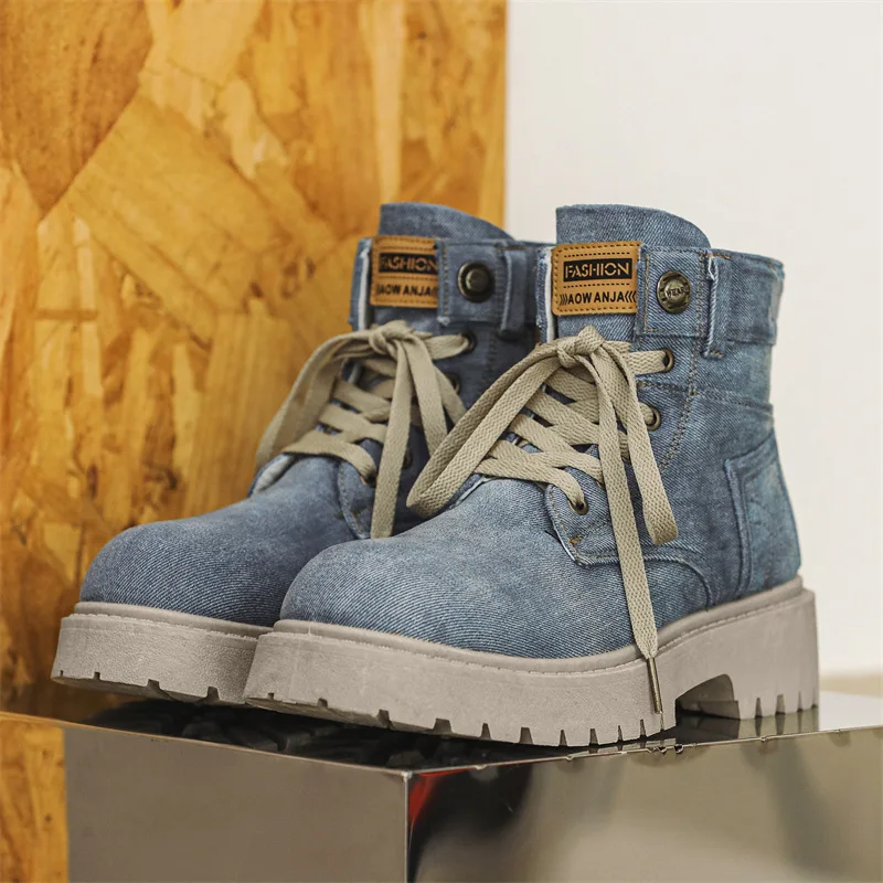 Men Platform Denim Boots Vintage Design Ankle Shoes Male Brand High Quality Comfortable Boots Cool Casual Lace Up Outdoor Shoes