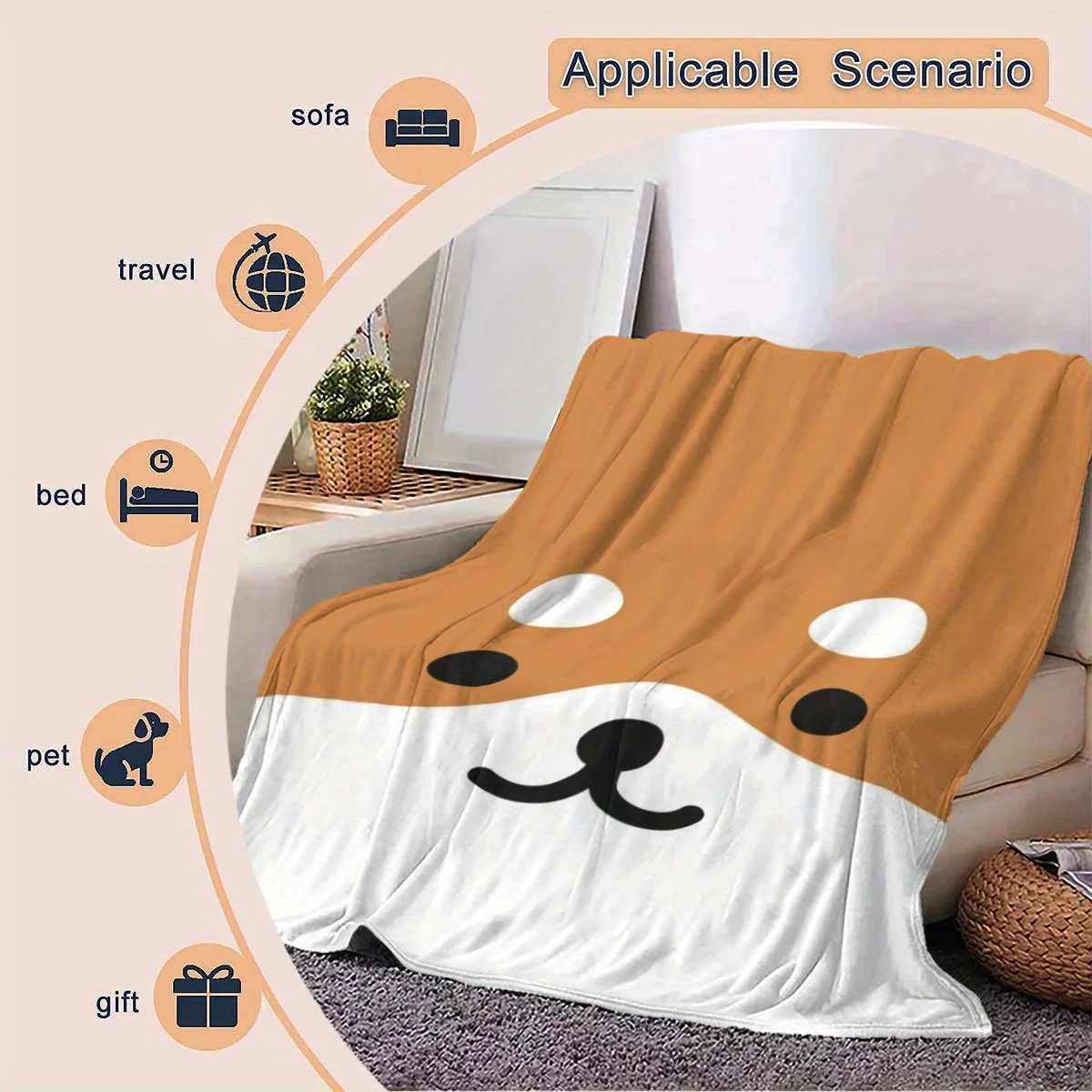 بطانية شيبا إينو الفانيلا - طباعة مبطنة فائقة النعومة |   مريح لجميع المواسم، ديكور الأريكة/غرفة النوم، هدية على شكل حيوان