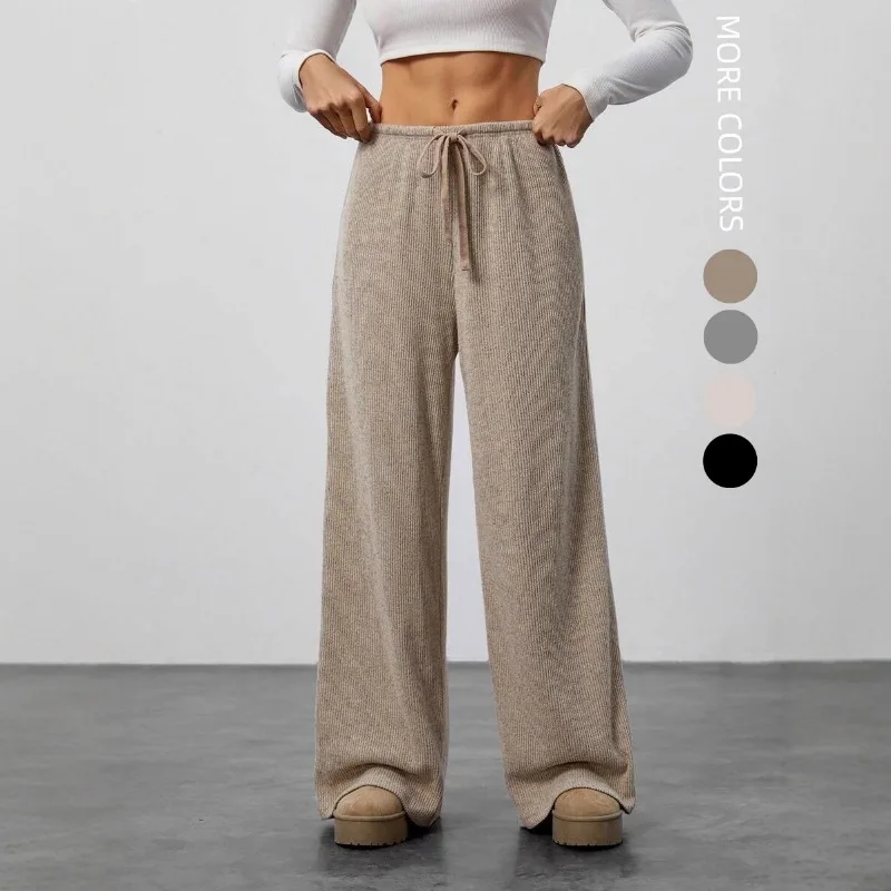 Women Solid Ribbed Drawstring Waist Wide Leg Pants Soft Draped Casual Trousers