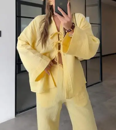 

Women's 2025 Summer New Solid Color Bow Long Sleeve Shirt Wide Leg Pants Casual Set