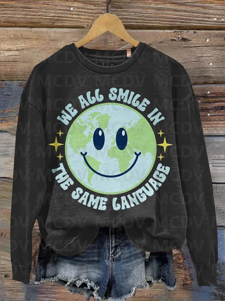 Women's We All Smile In The Language Print Casual Long Sleeve Sweatshirt 3D Printed Women Pullover