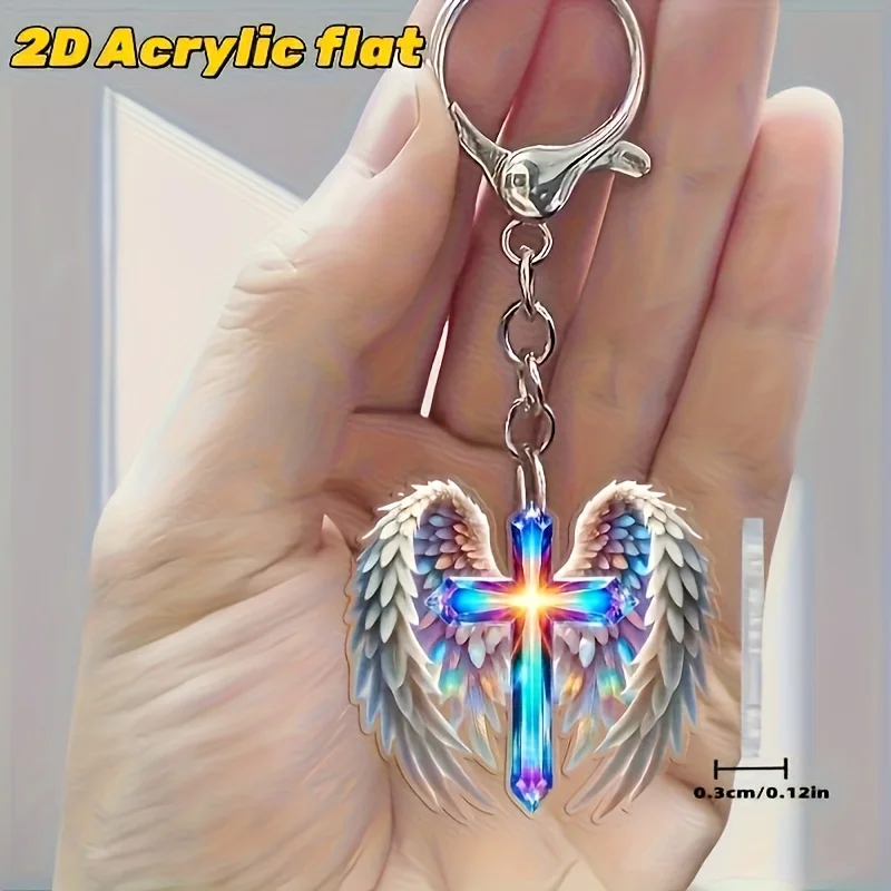2D FLAT, a creative acrylic angel wing and cross keychain, unique design, Perfect for backpacks - keychains - car mirrors - home and party decorations. Chic birthday gifts, Valentine's Day gifts. Halloween gifts. Christmas gifts.