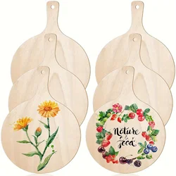 6Pcs Wooden Cutting Board Craft with Handle Wooden Chopping Board Unfinished Round Charcuterie Boards Cheese Board for Christmas