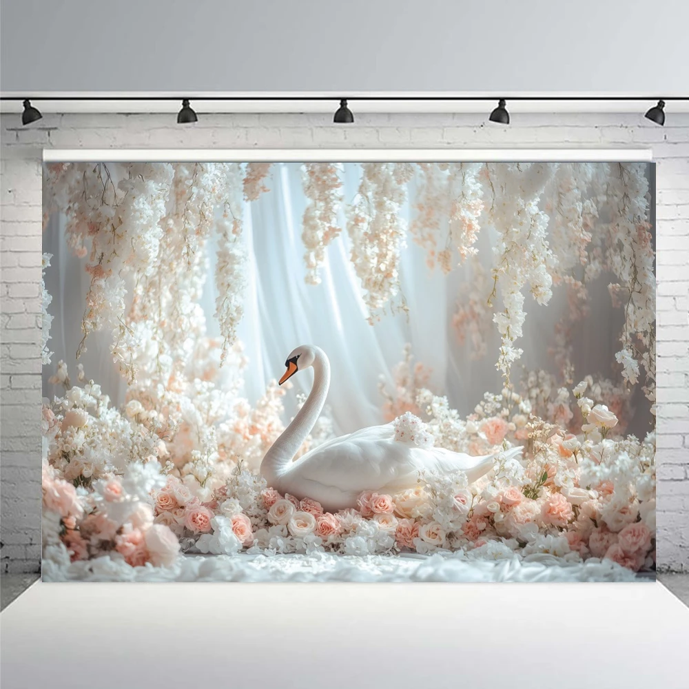 الزهور الوردية البجعات البيضاء Frolicking خلفية الربيع نهر المشهد الطبيعي استحمام الطفل الفتيات 1st حفلة عيد ميلاد صور الدعائم