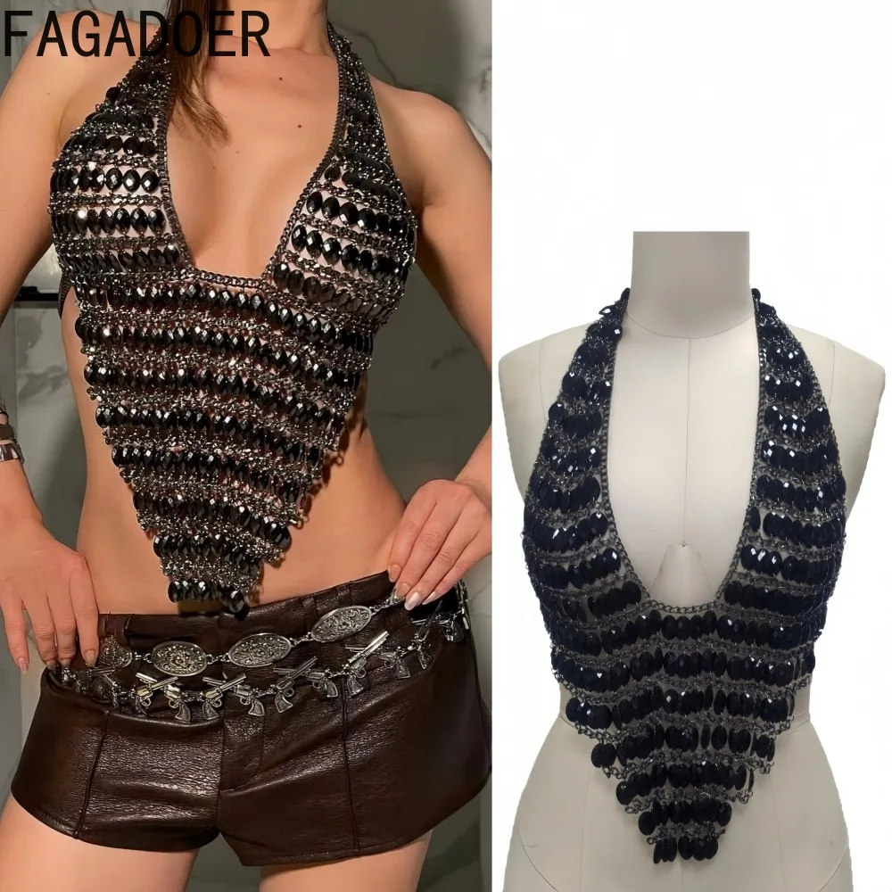 

FAGADOER панк готический сексуальный лоскутный жилет с блестками для женщин Холтер с глубоким v-образным вырезом без рукавов и открытой спиной укороченный топ женская уличная одежда новинка