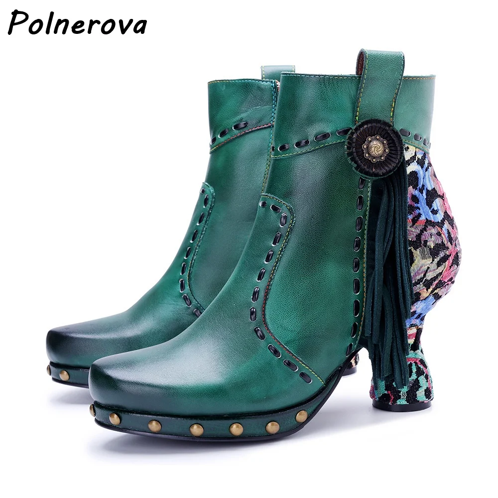 

Strange Style Heels Embroidery Ankle Boots Rivet Sewing Green Round Toe Fringe Leather Shoes Women's Winter Warm Short Boots