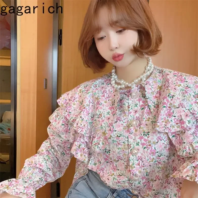 Gagarich Sweet Flower Print Loose Color Contrast Ruffles Splicing Shirt Woman Chic Doll Collar Single Breast Puff Sleeves Blouse