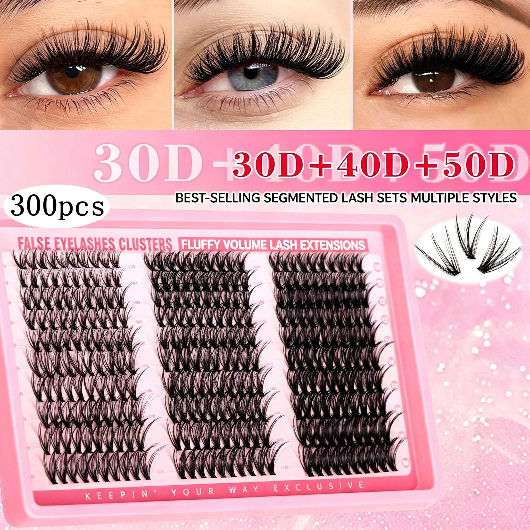 Nouveau Kit d'Extensions de Cils 300 30D/40D/50D Cluster, Cils 5D Volumineux et Épais, Plateau Mixte Volume, Cils en Faux Vison pour Maquillage