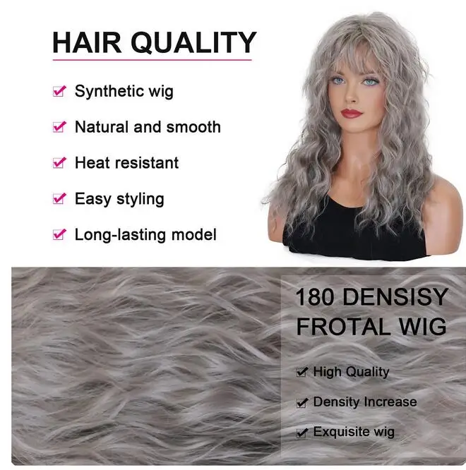 Grey Wigs with Bangs Long Curly Synthetic Wigs for Women Daily Cosplay Party Halloween Costume (Grey 20Inches)