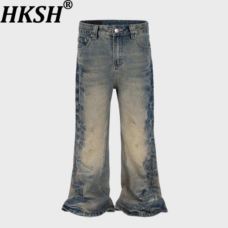 

HKSH Spring Summer Men's High Street Denim Trendy Straight Bootcut Jeans Chic Ins Washed Distresssed Texture Design Pants HK7529